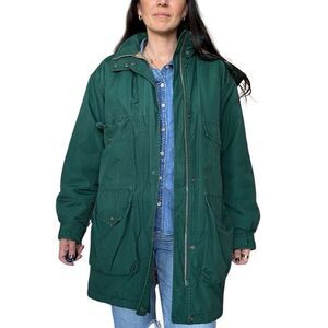 Vintage 90s Land’s End Green Parka Coat Hooded Size Medium Woman Lined Chore